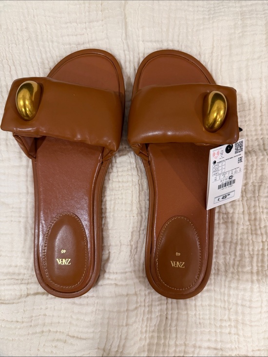 Zara Shoes - Zara Tan Padded Slide Mules with Gold Accent